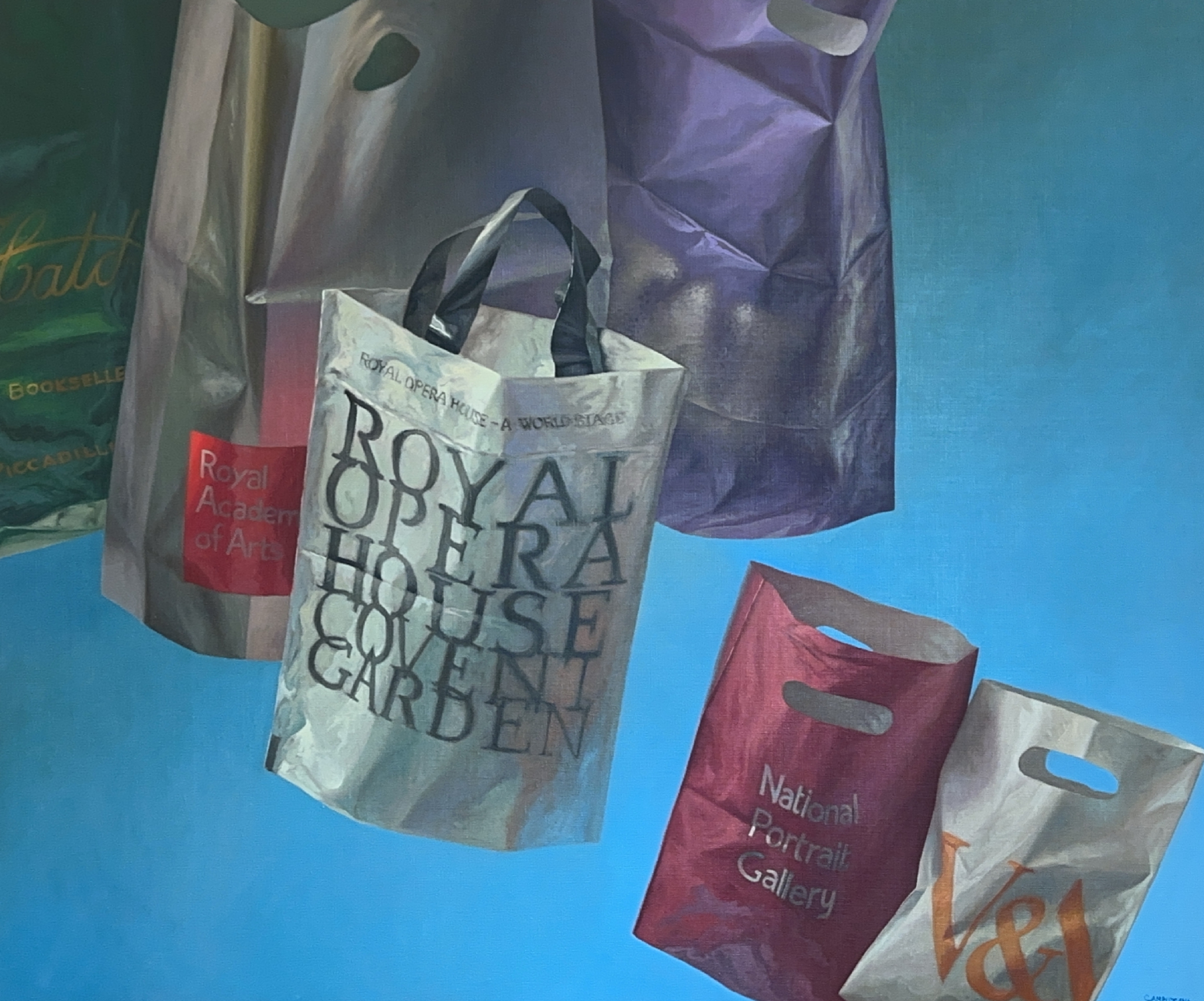A Painting Of Several Bags Of Popular Art Organizations Falling Against A Light Blue Background