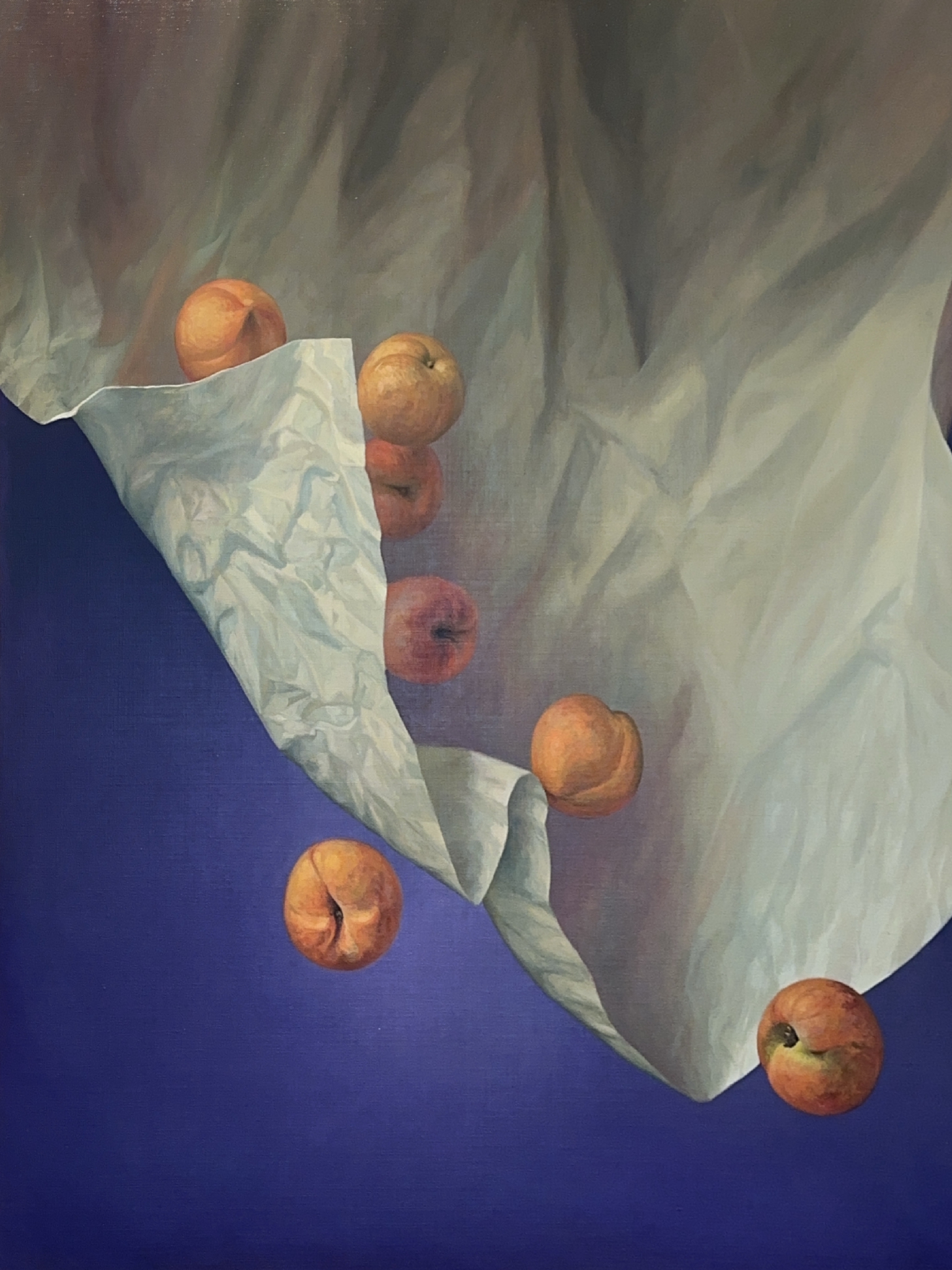 A Painting Of Fruits Falling From A White Paper On A Blue Background