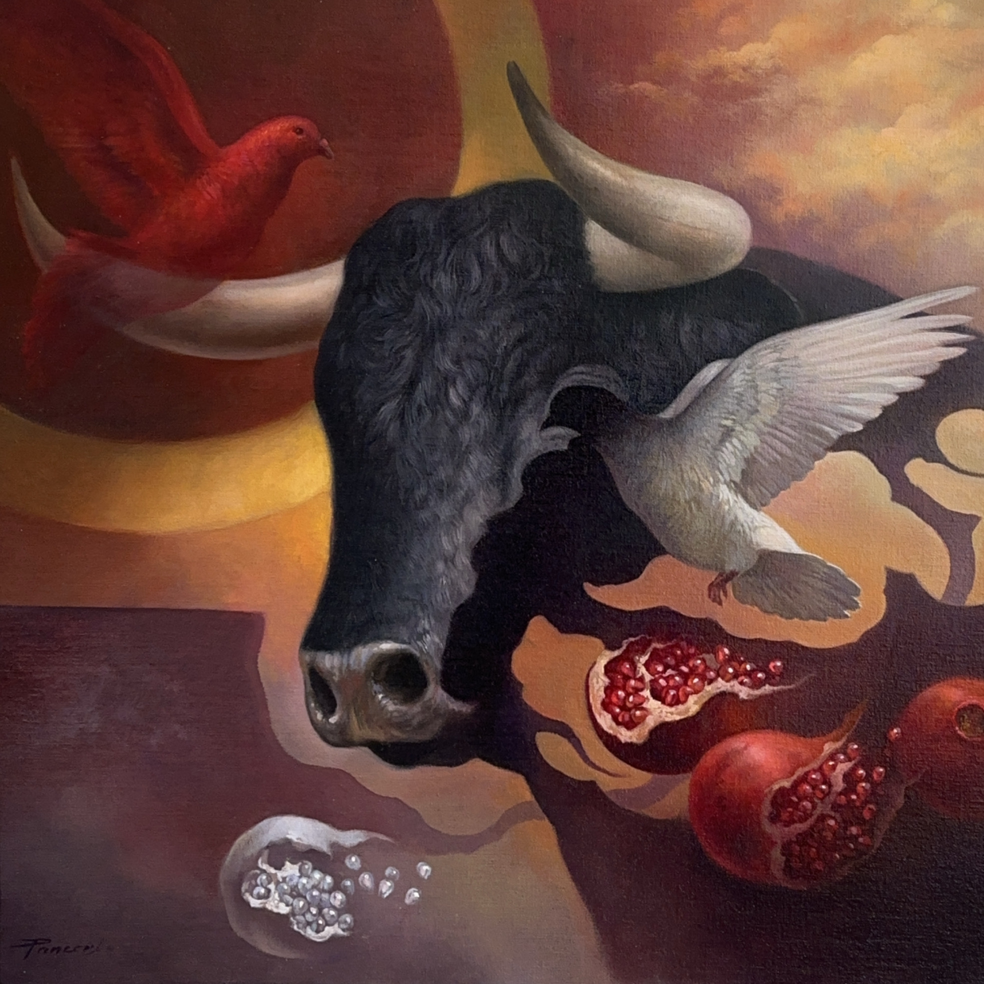 A Painting Of A Bull With Horns And Birds