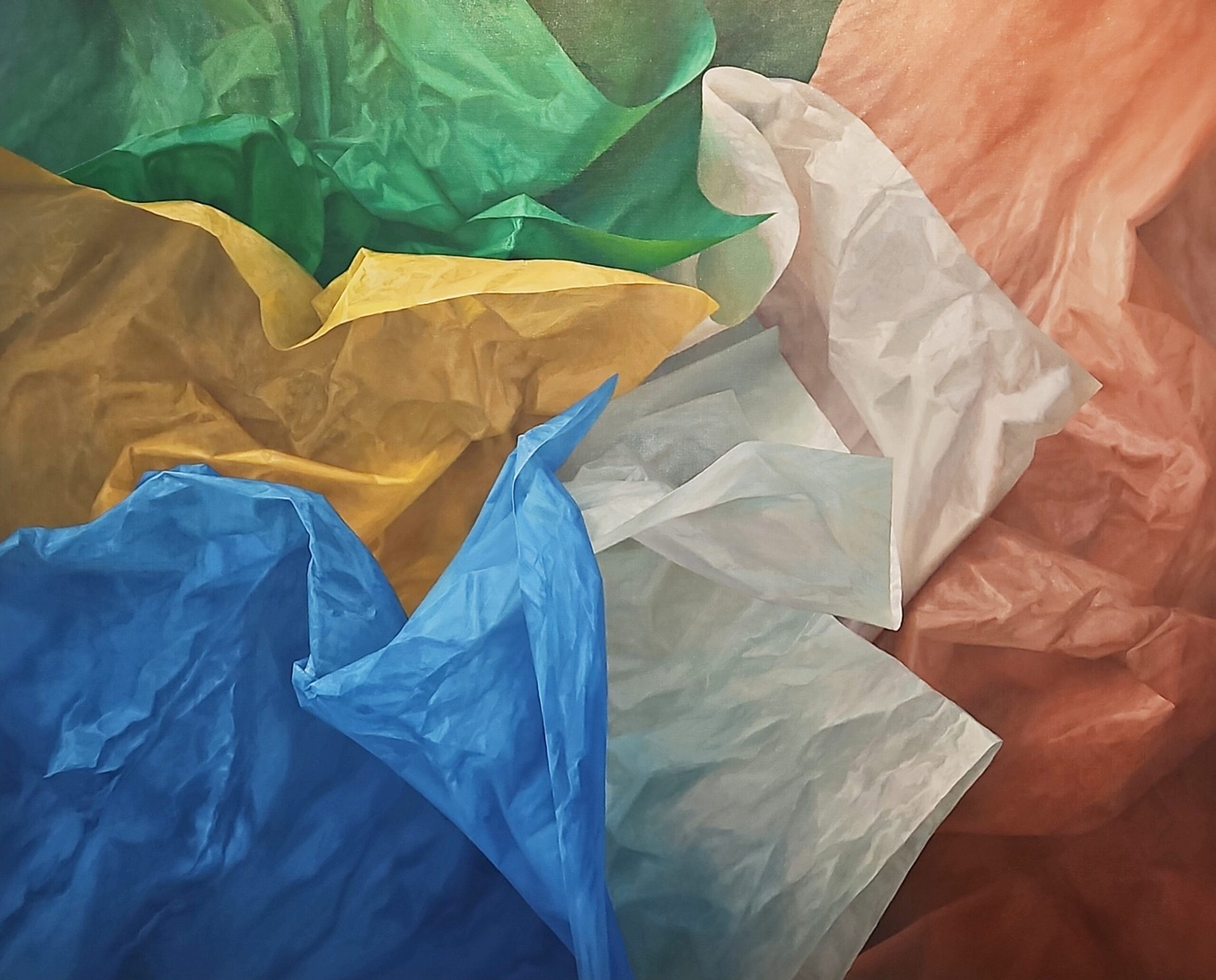 A Hyper Realism Painting By Artist Enrique Campuzano Of A Group Of Colorful Papers