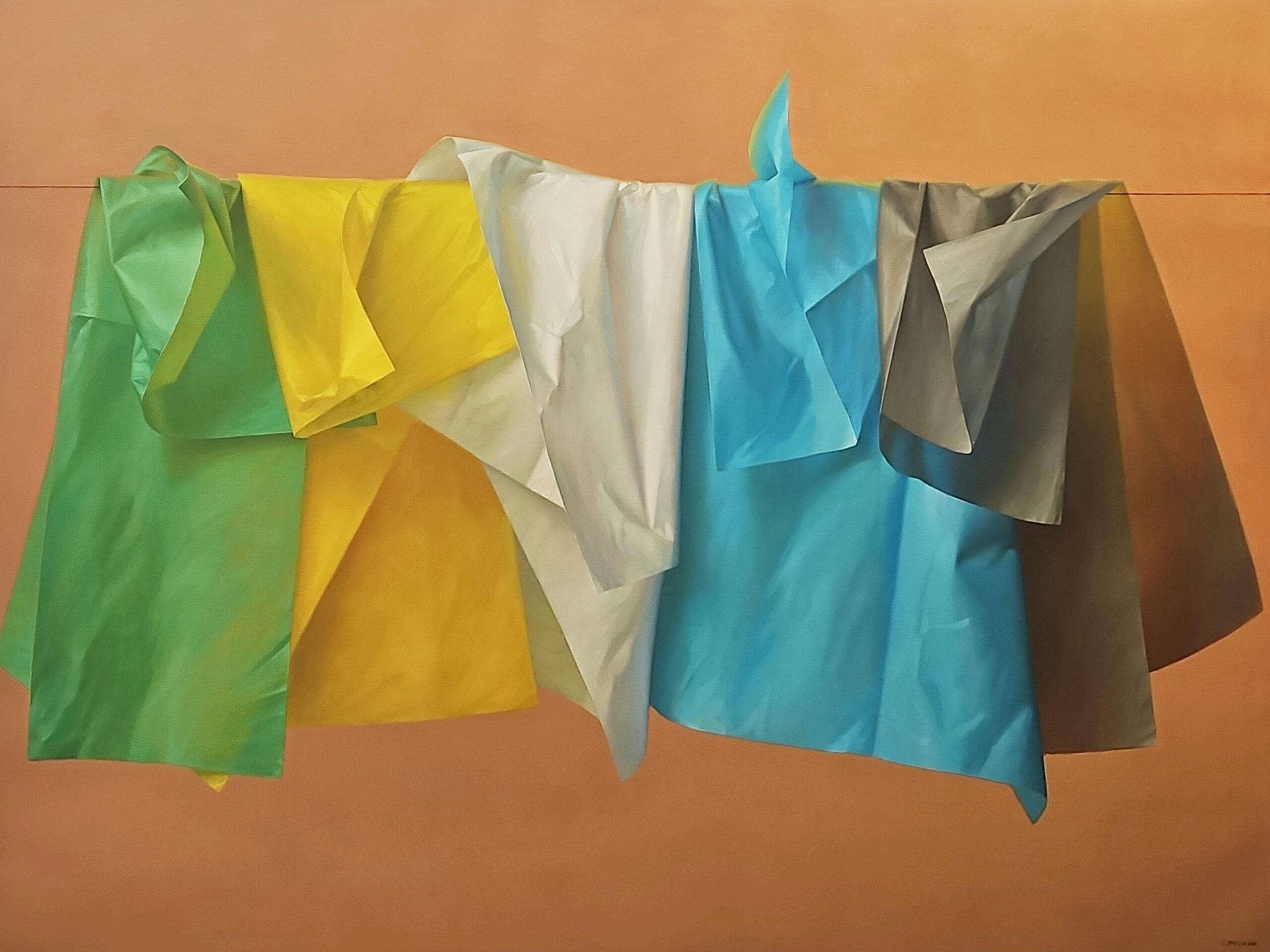 A Hyperrealism Painting By Enrique Campuzano Of A Group Of Colorful Cloths On A Line