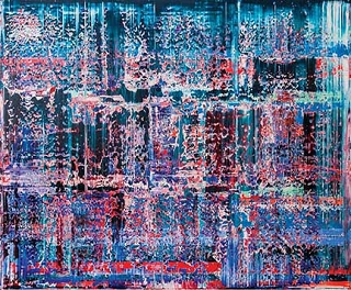 Painting By Artist Gabriel Gonzalez With Hues Of Blue, Red, Black, And Red.