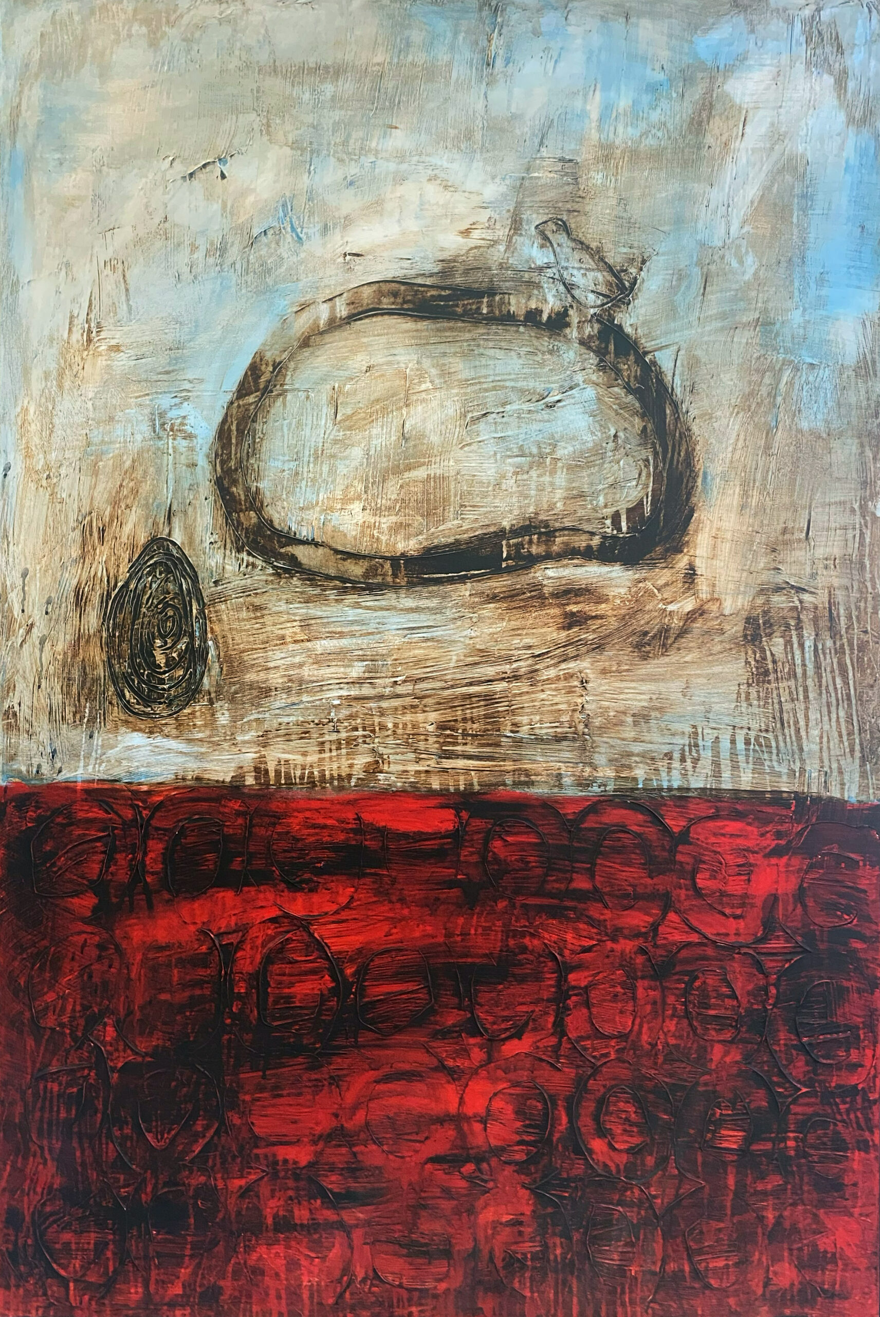 Painting By Connie Lloveras Of Half Red With Circles And Half Blue And Cream With A Brown Circle