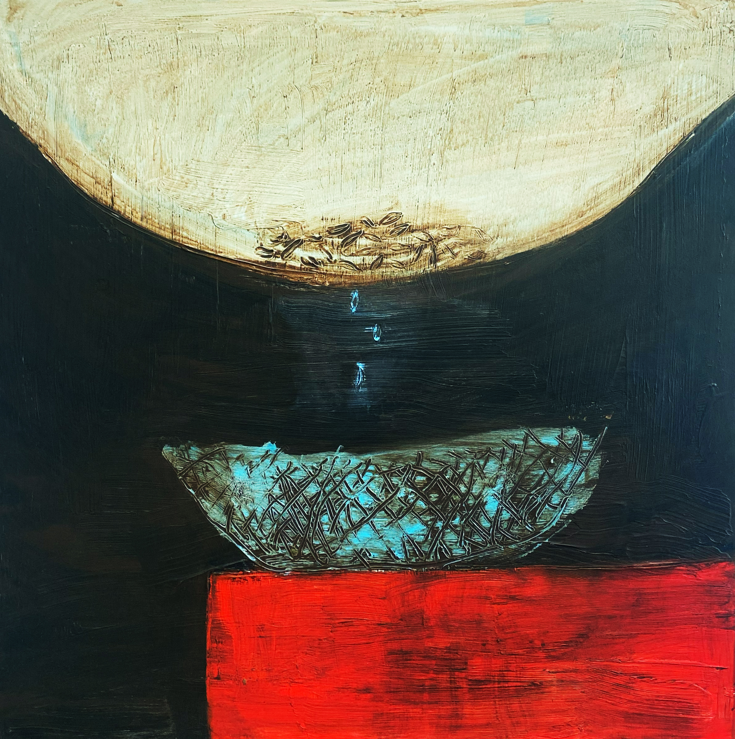 A Painting By Connie Lloveras Of A Blue Bird On A Red Rectangle With A Nest On Top