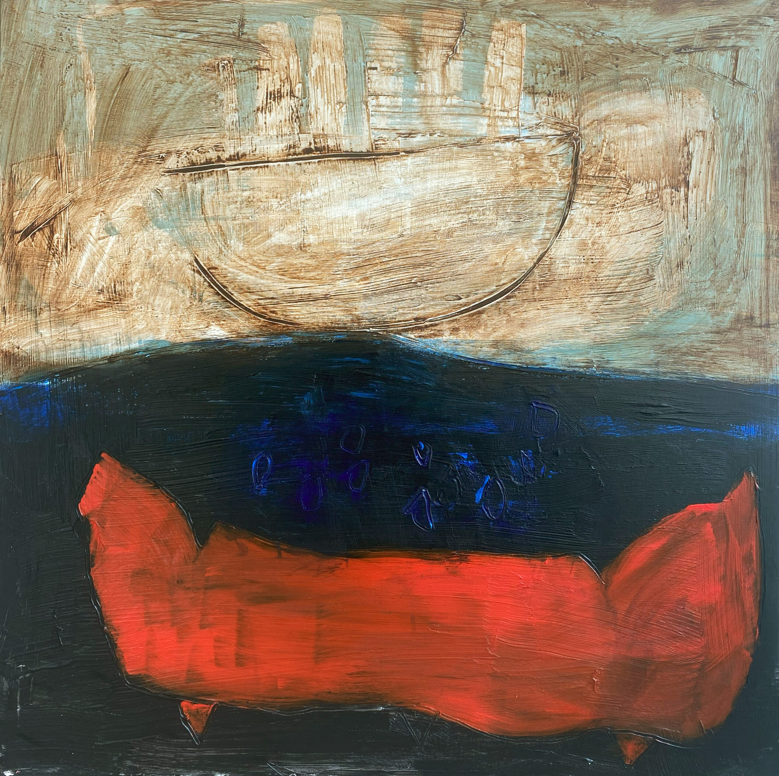 A Painting By Connie Lloveras Of A Bowl With A Blue And Red Form