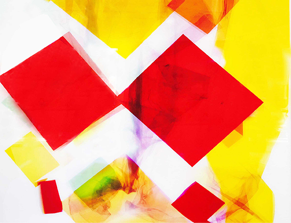 Abstract Photograph Print By Artist Lorenza Panero Of Red, Yellow, Green, And Pink Papers Illumitaed
