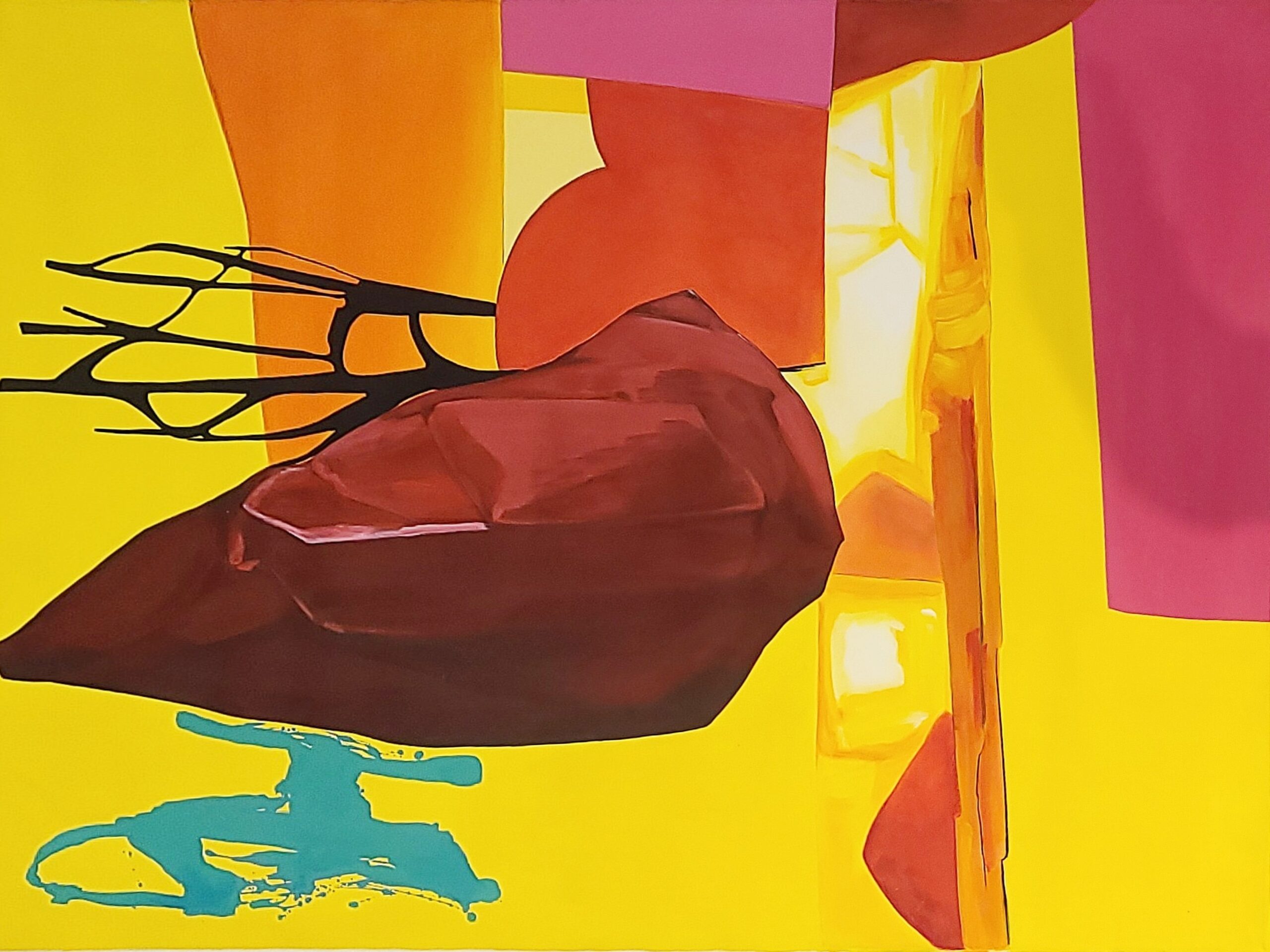 An Abstract Painting By Artist Elena Rato That Has Yellow, Red, Pink, Blue, And Black.