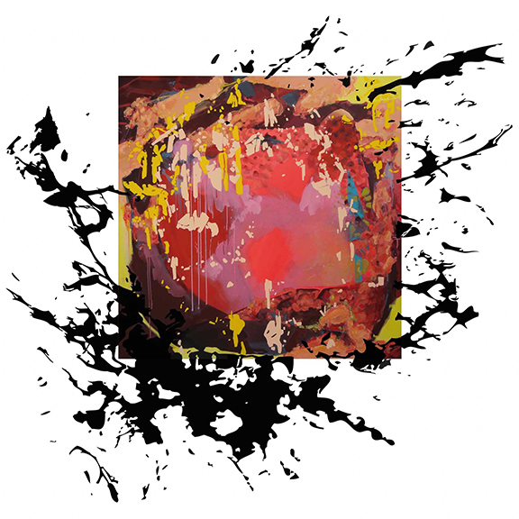 An Abstract Painting By Elena Rato, With Black Splatter Marks As Well As Pink, Red, And Yellow Markings
