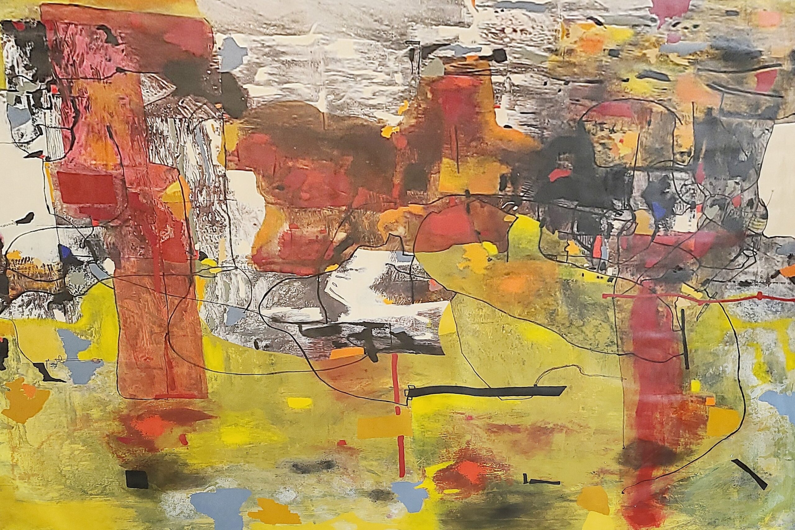 Colorful Abstract Painting By Artist Norlan Santana With Hues Of Black, Yellow, Green, Orange, And Burnt Red