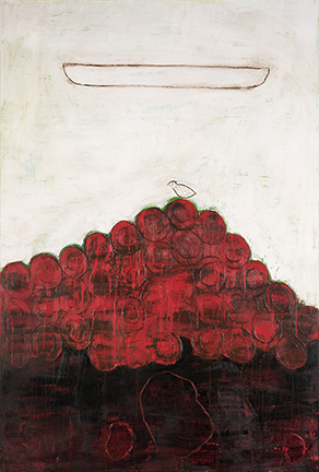 A Painting By Artist Connie Lloveras Of A Bird On A Pile Of Red And Black Circles