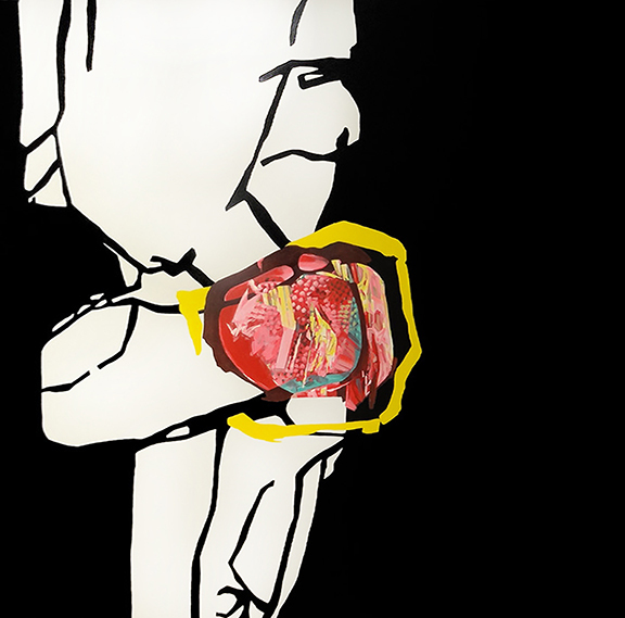 An Abstract Painting By Elena Rato That Has A Black And White Background With A Red, Yellow, And Pink Colored Heart-Like Figure In The Center