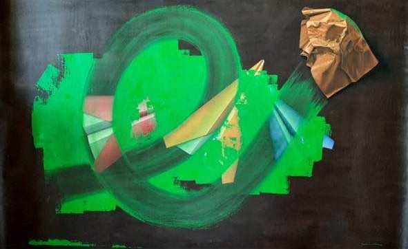 A Painting By Francisco Mery Of Green Painting Being Wiped Off A Black Surface