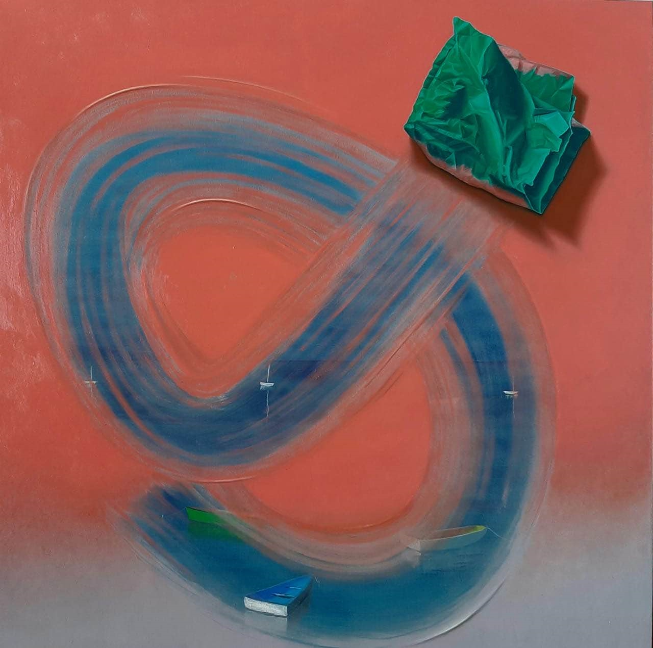 A Painting By Francisco Mery Of Orange Paint Being Wiped Off Of A Blue Surface.