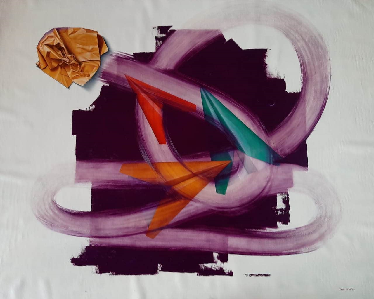 A Painting By Francisco Mery Of Purple Paint Being Wiped Off A White Surface