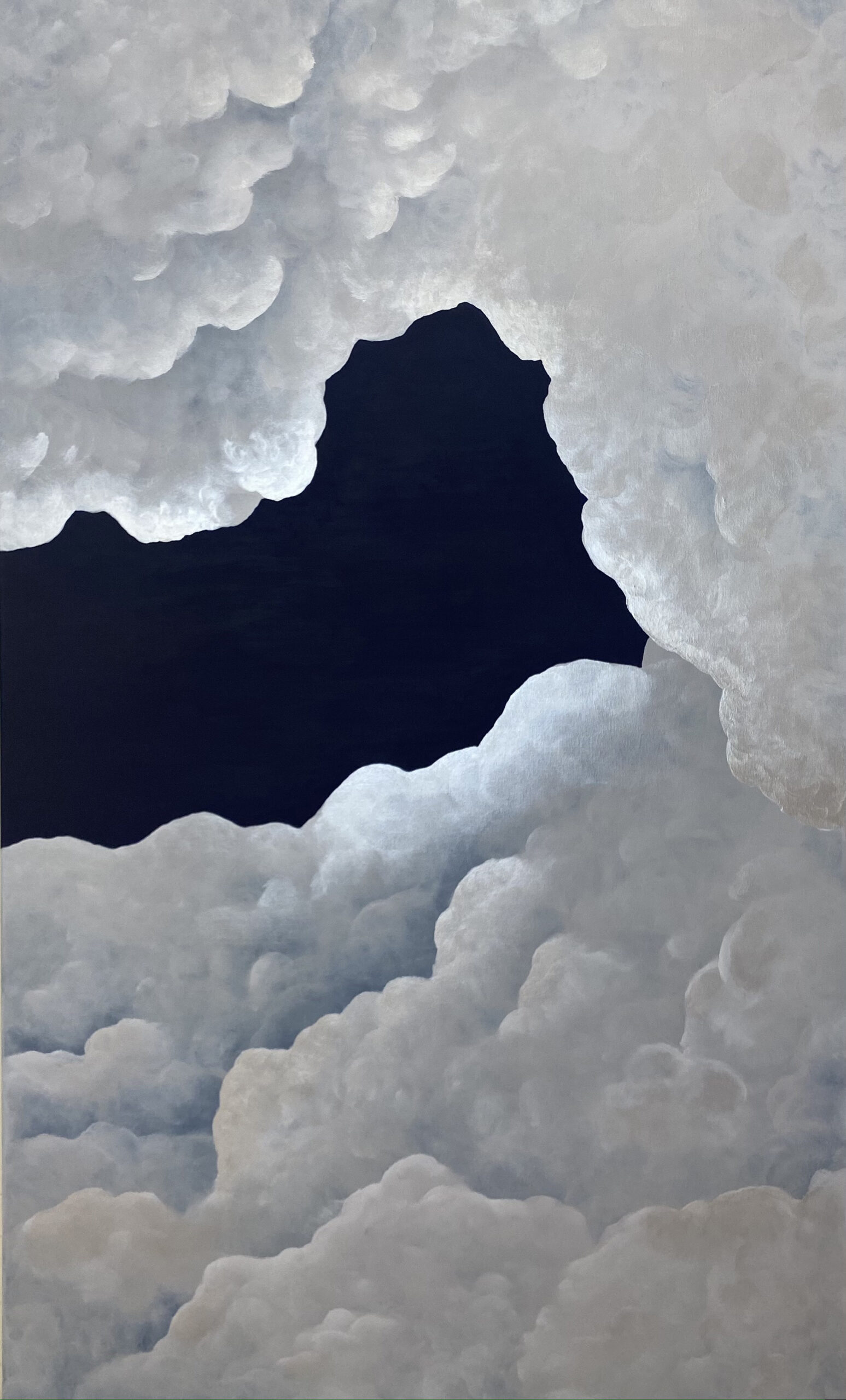 Painting By Artist Liv Dockerty Of Clouds With A Dark Blue Night Sky.