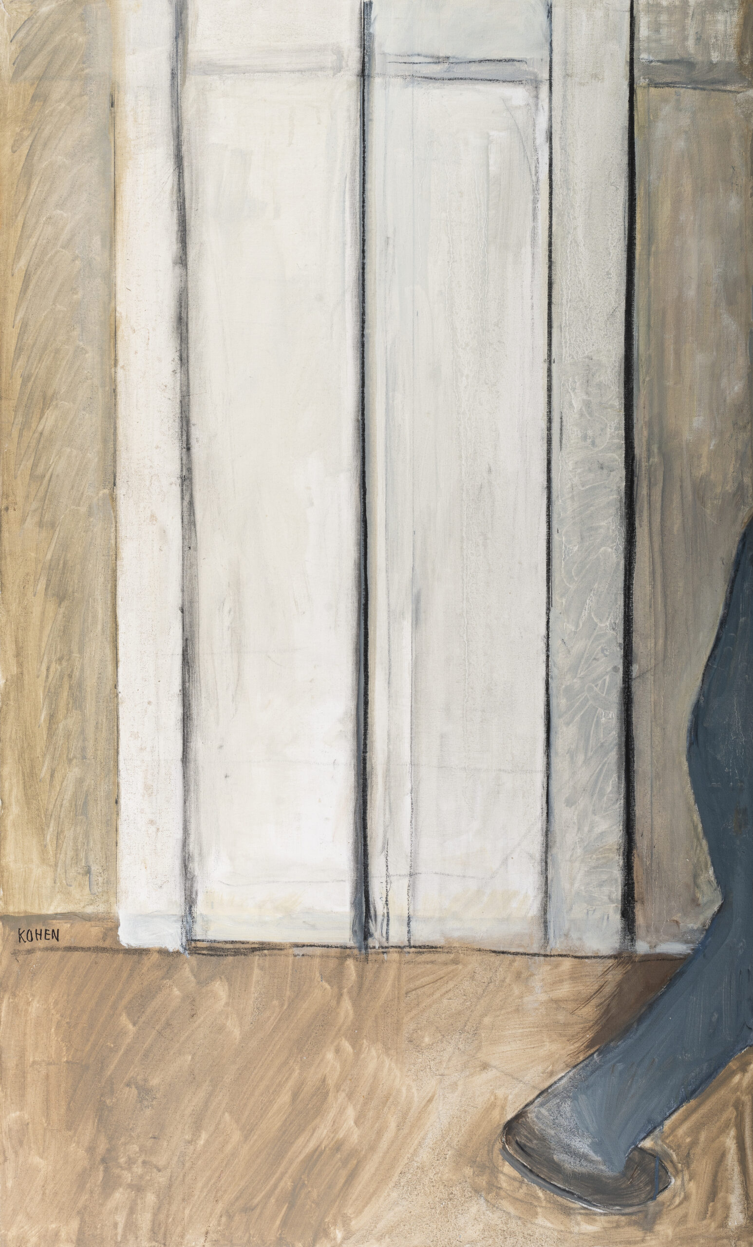 A Painting Of A Man Steeping Out Of Frame By Artist Linda Kohen