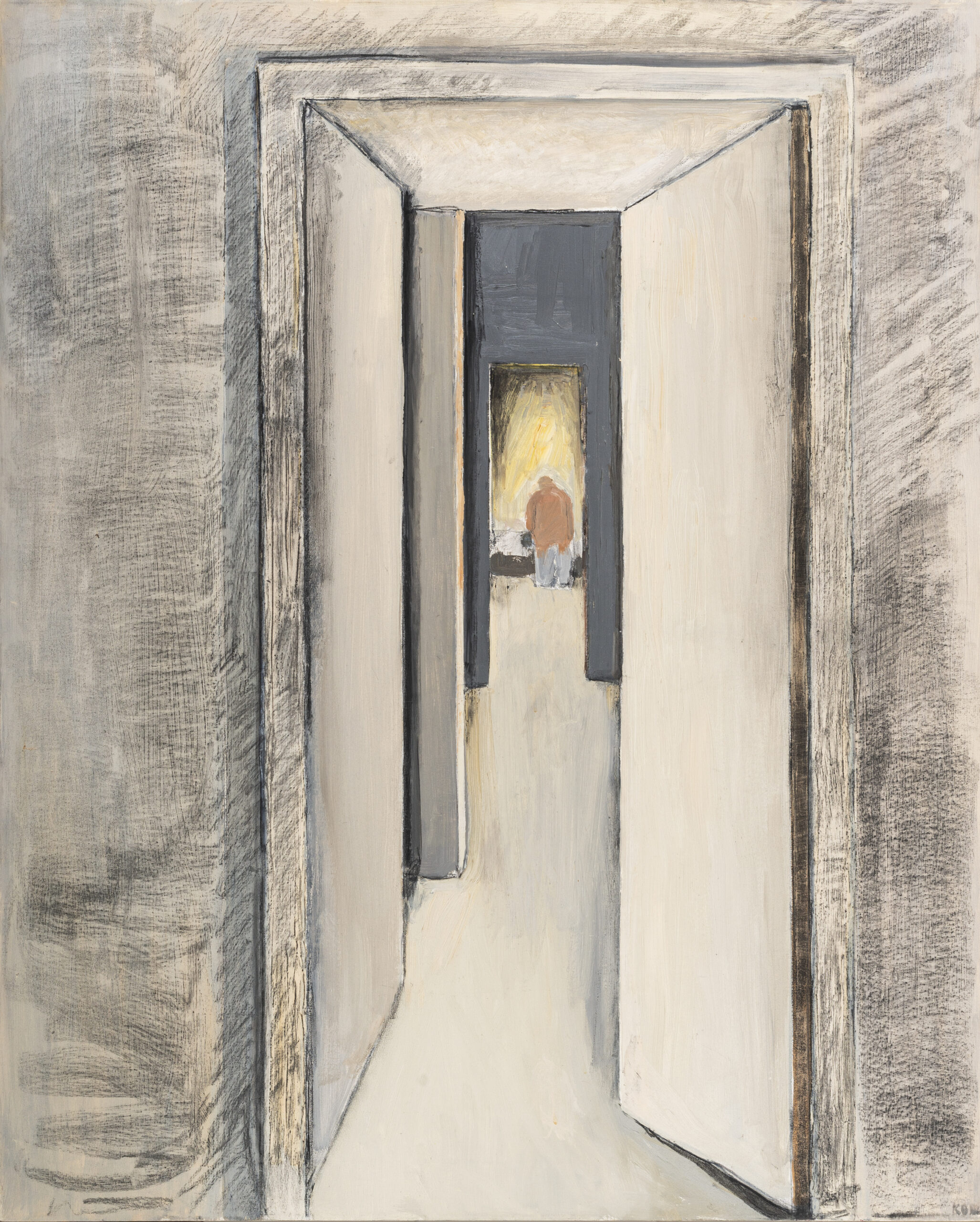 Painting Of A Man Standing By A Doorway At The End Of A Long Hallway By Artist Linda Kohen