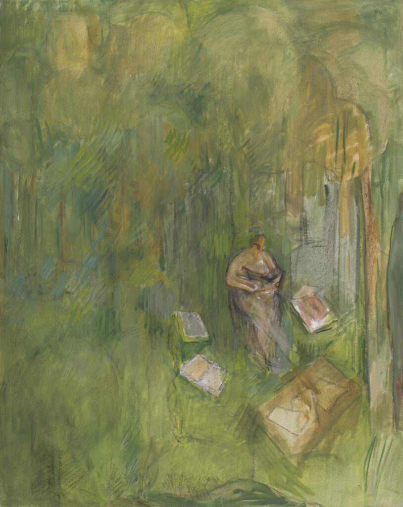 Painting Of A Man Sitting In Greenery By Linda Kohen