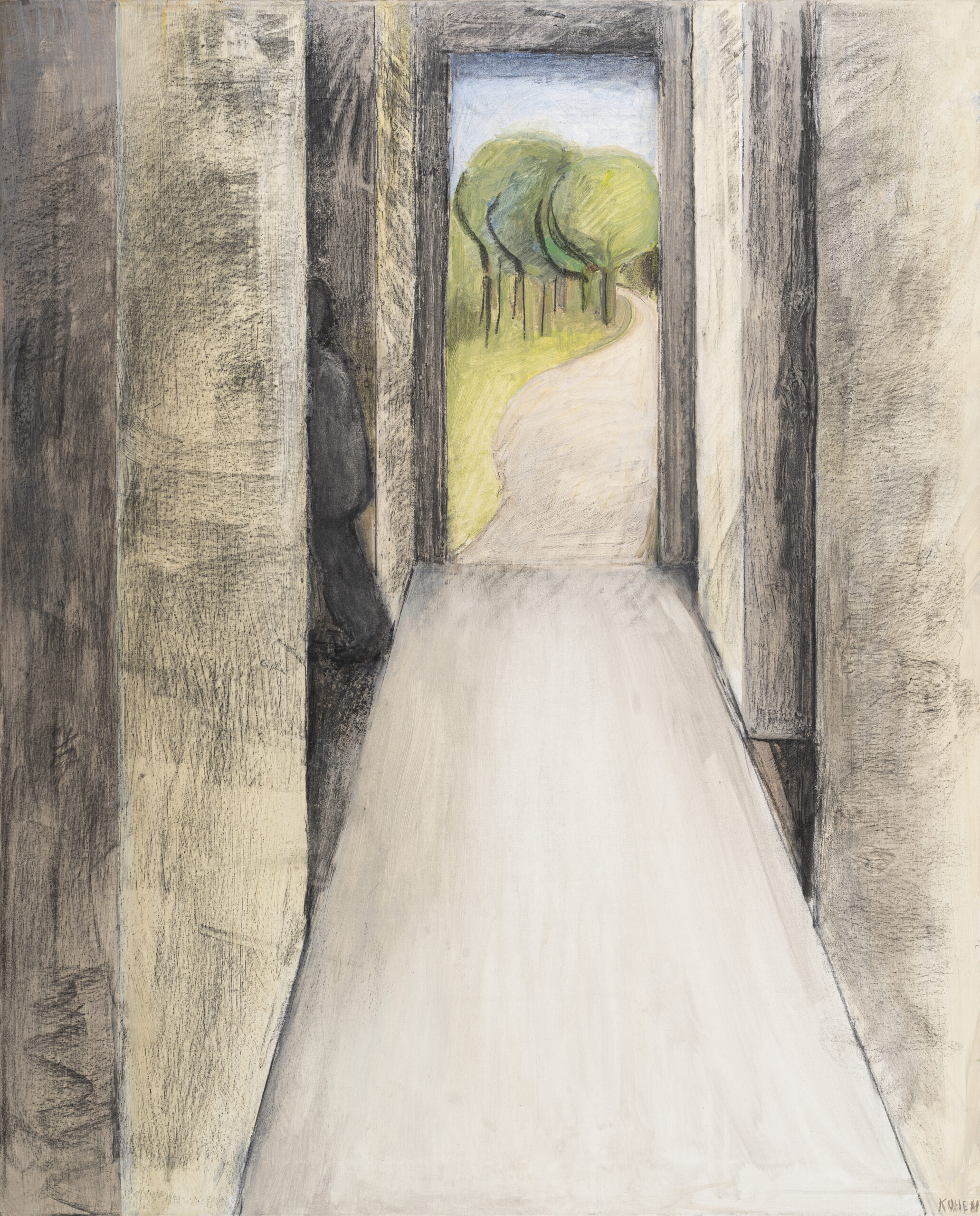 A Painting Of A Long Hallway With A Doorway Opening Revealing A Tree Lined Path By Linda Kohen