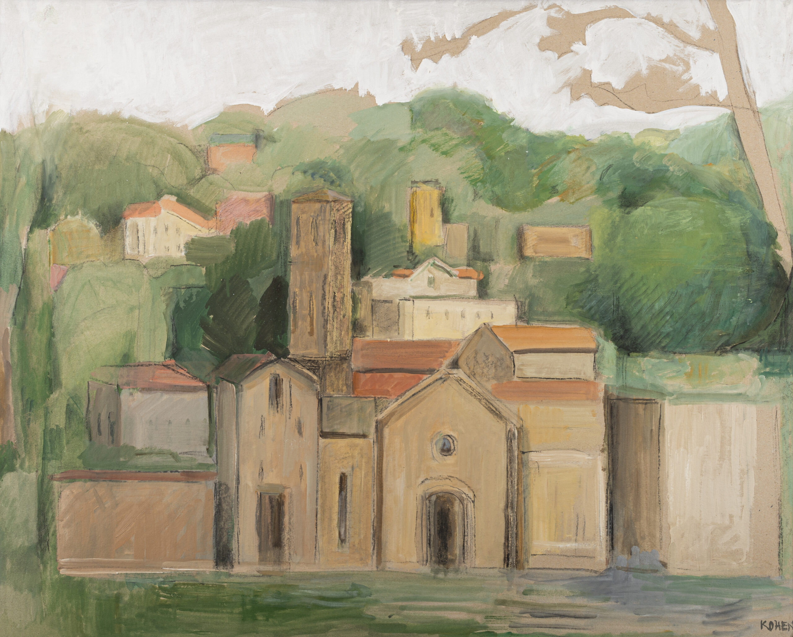 A Painting Of A Small Town Of Homes Surrounded By Trees By Linda Kohen