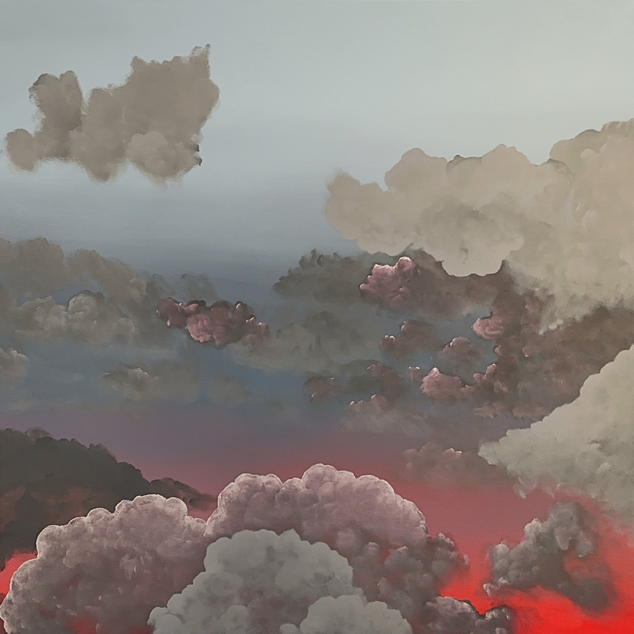 A Painting Of Gray Clouds With A Burst Of Neon Red Orange On The Bottom Right.