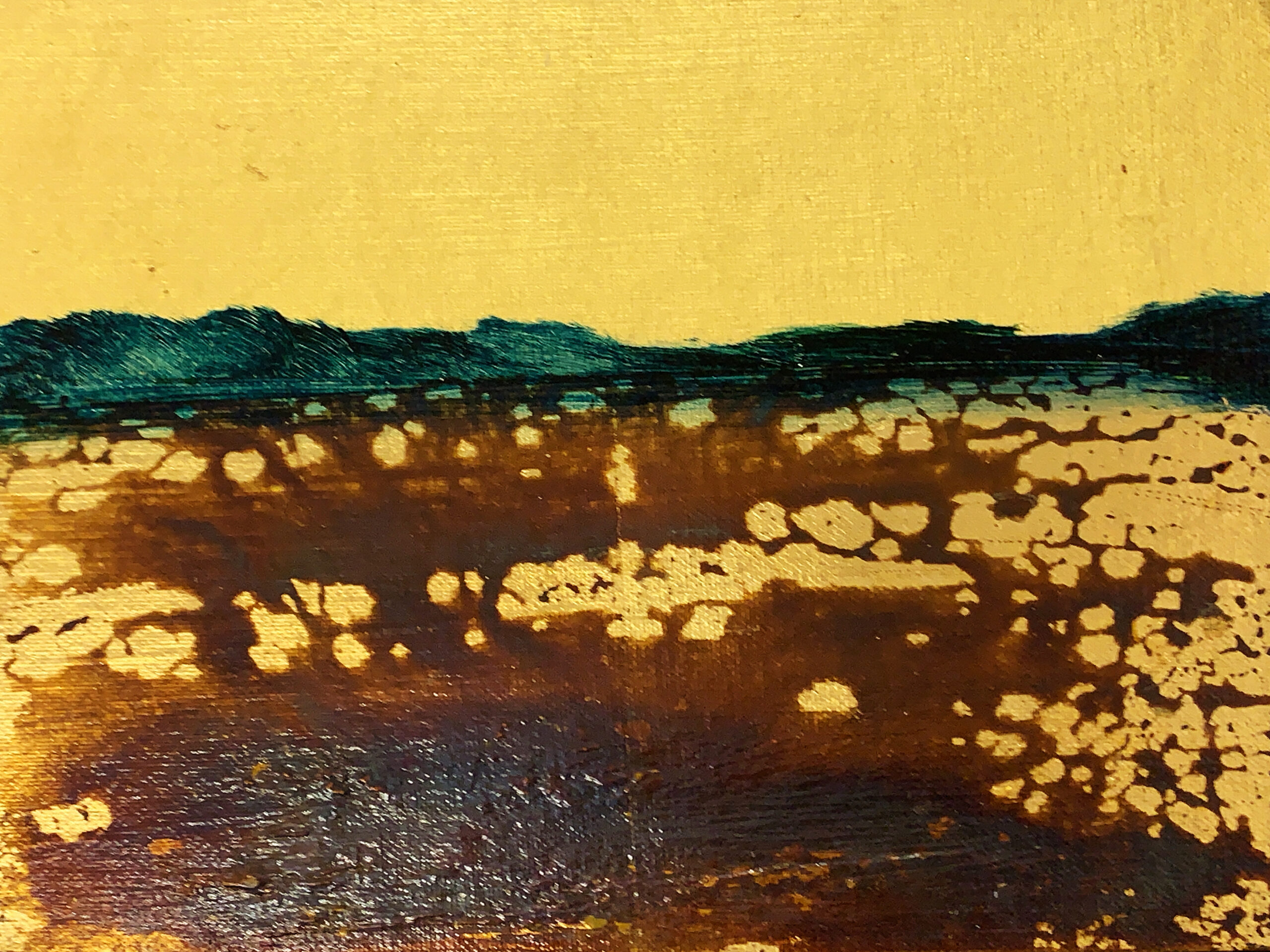 An Abstract Landscape Painting By Paul Hunter With Gold Leaf
